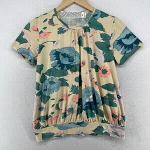 AS KNOW AS Top S Diamond Line Floral Blouse Shirred Short Sleeve Green